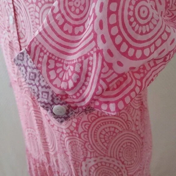 BELL By Alicia Bell Pink Tiered Maxi Dress Roll Tab Sleeves Button Front Size XS